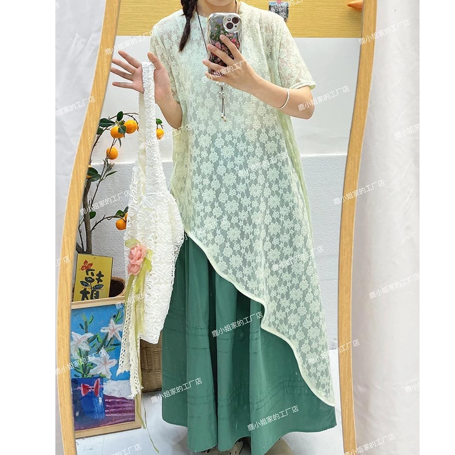 2025春夏新款日系文艺复古蕾丝拼接不规则下摆连衣裙女