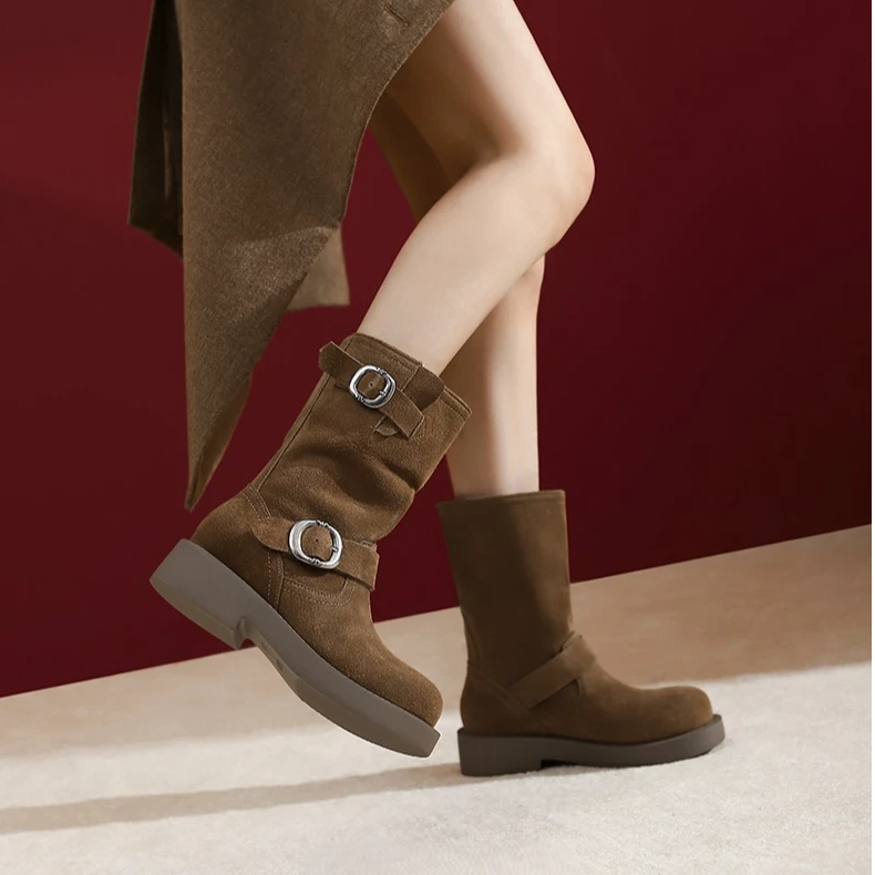 擦色复古时装靴2024秋冬新款废土风机车扣带西部靴W701