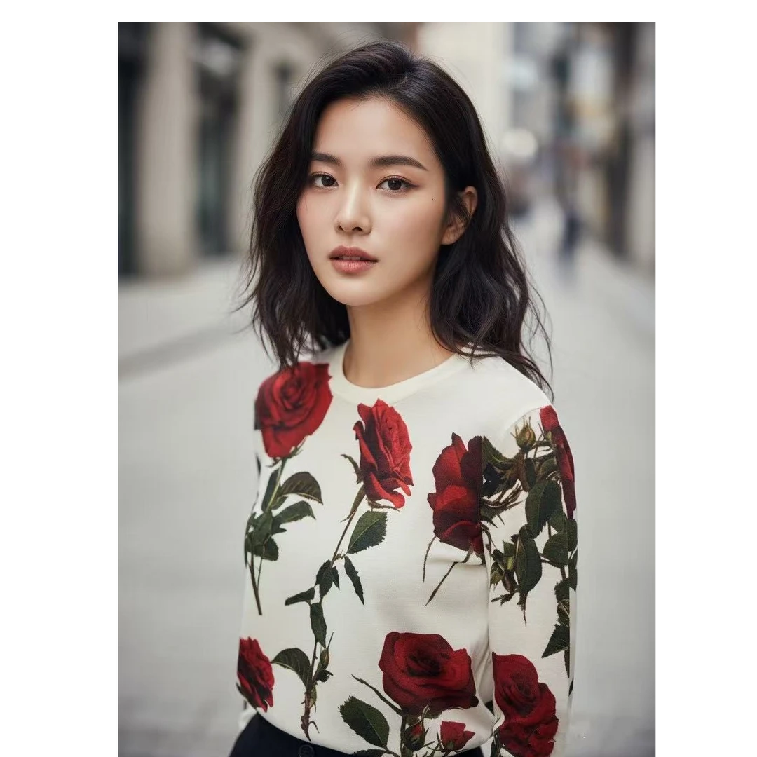 【寶姐专属】《铿锵玫瑰花》印花套头圆领羊毛杨子纱120支-18针顶版