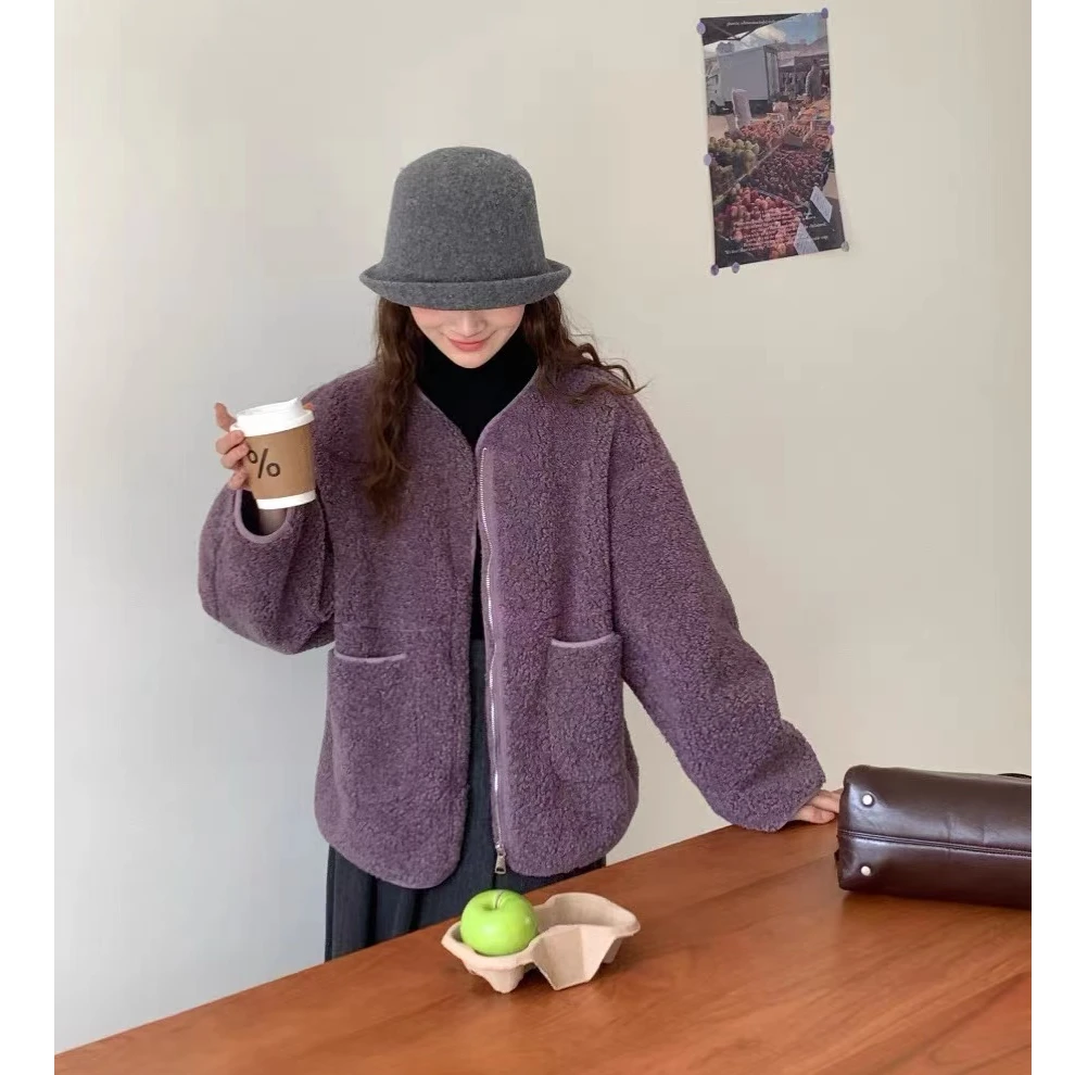 ZX512圆领皮毛一体毛外套女2024新款爆款休闲拉链颗粒绒上衣