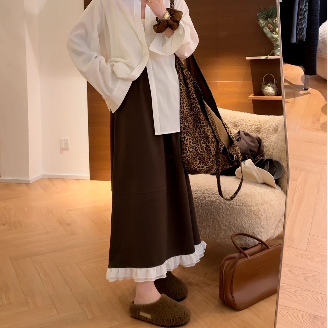 【瘦瘦】春秋两色松紧腰下摆雪纺拼接百搭高腰显瘦半身裙S01260