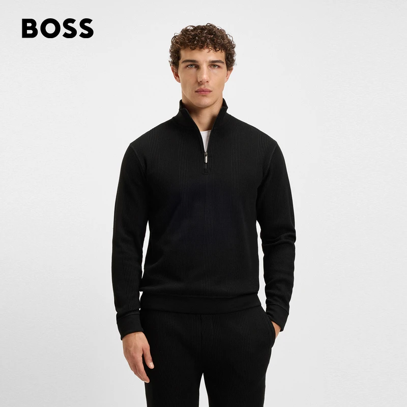 BOSS博斯男士25年冬季新款长袖棉质混纺半拉链立领运动衫50545597