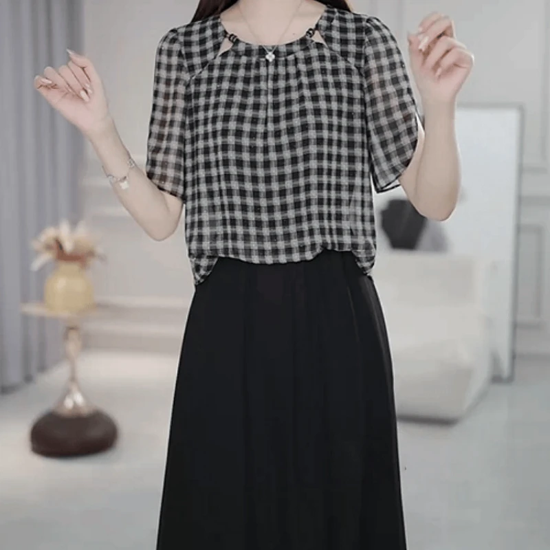 A101【连衣裙】2025夏季新款时尚轻奢气质拼接格子收腰显瘦连衣裙