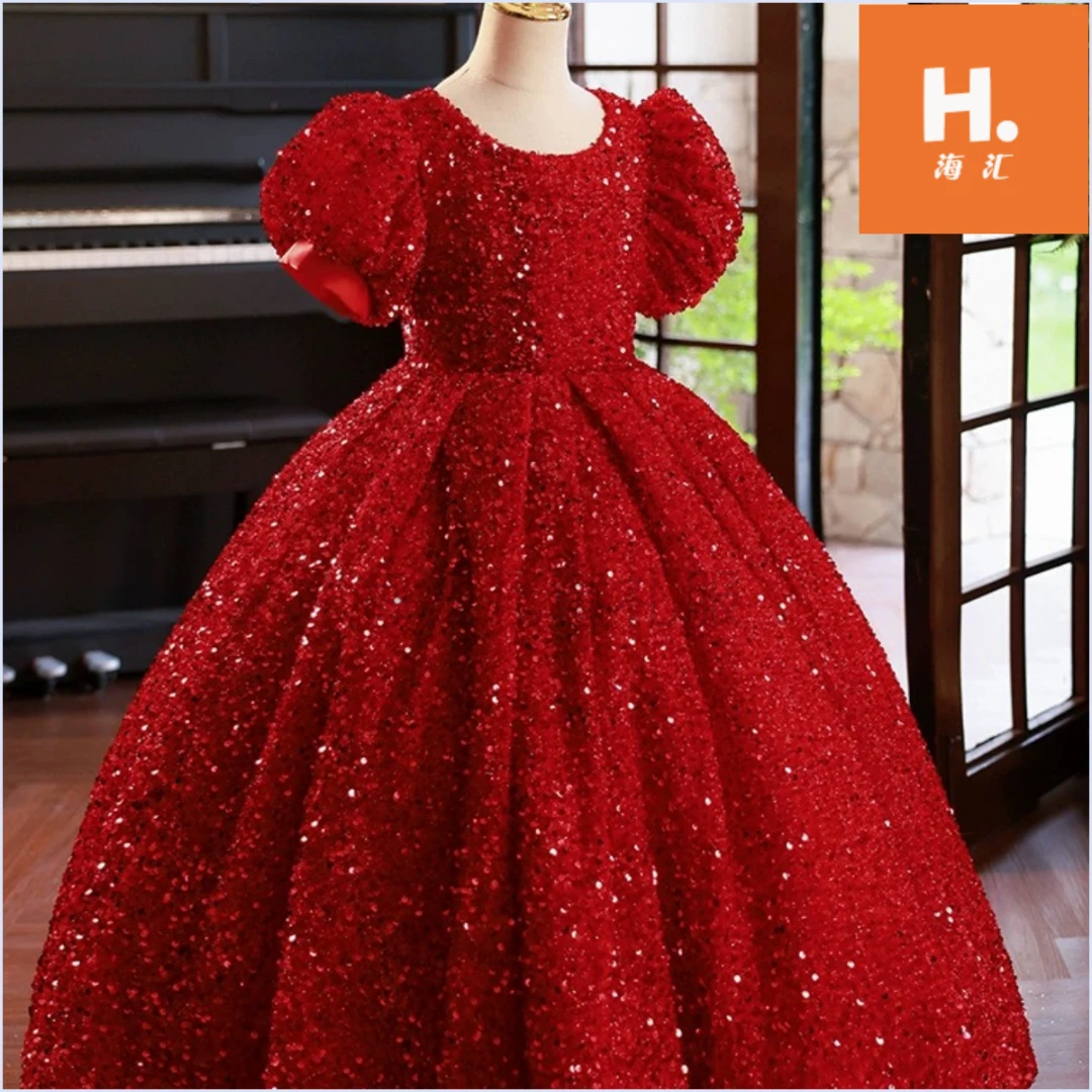 红色亮片蓬蓬裙儿童气质女童长袖洋气女孩花童礼服反季主持蓬蓬纱
