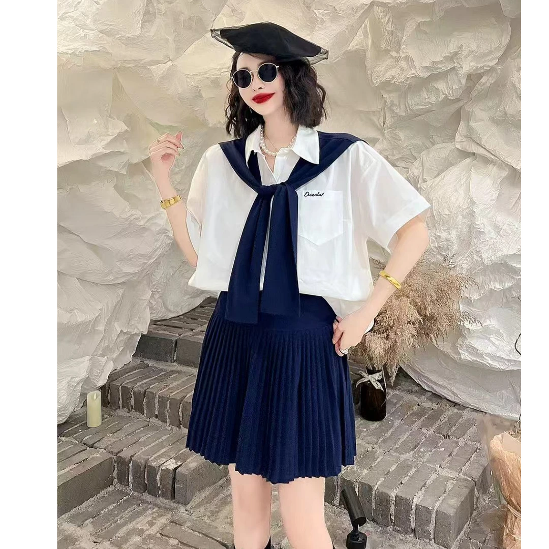 新款女披肩翻领短袖衬衫百褶短裙胖妹妹韩版学院甜美三件套85029