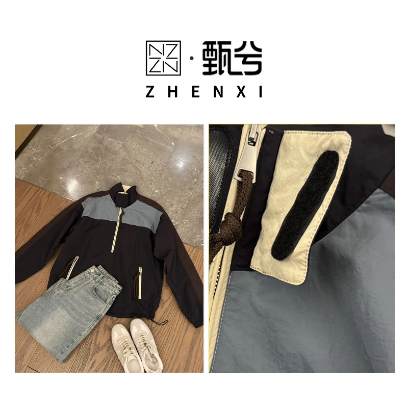 【ZHENXI甄兮】“miu的风格”韩版潮流街头半拉链拼色立领上衣ZX2565