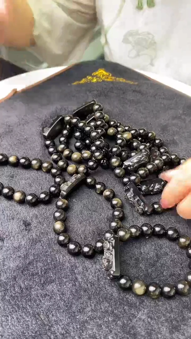 摆件黑曜岩未镶嵌金曜石貔貅串12mD799多样性发其一