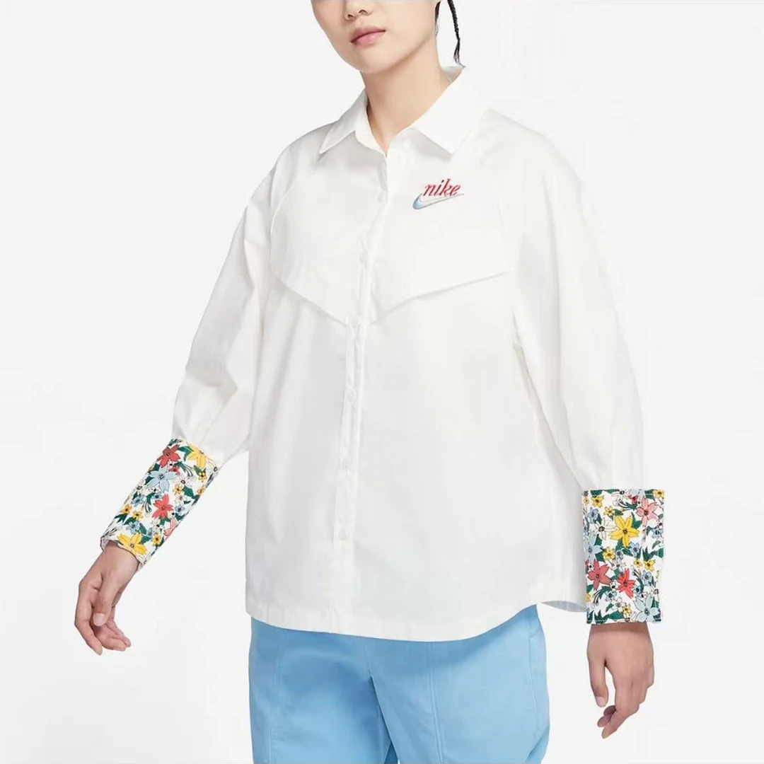 Nike  碎花图案袖口Logo运动透气休闲长袖衬衫 女款DV3202