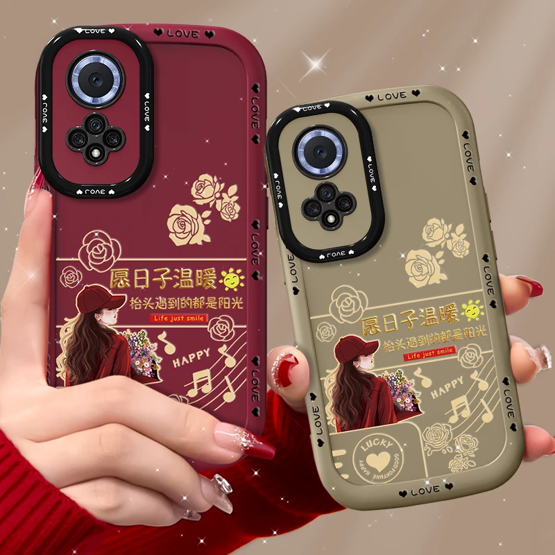 适用荣耀50手机壳温暖玫瑰女孩泡芙壳硅胶软壳镜头全包防摔保护套