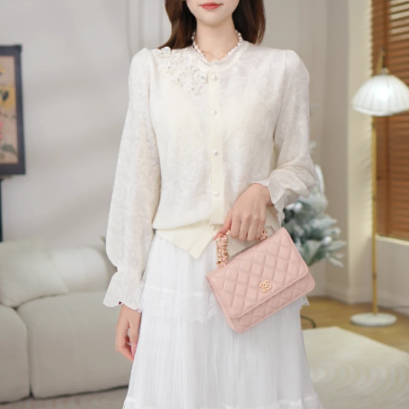 之曼ZM【浪漫春波】轻奢2025新款长袖百搭时尚白色气质针织提花开衫