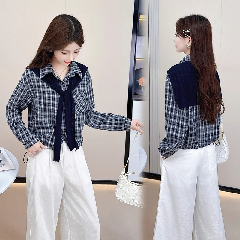 秋季新款时尚假两件衬衫长袖宽松拼接披肩格纹减龄上衣百搭25038