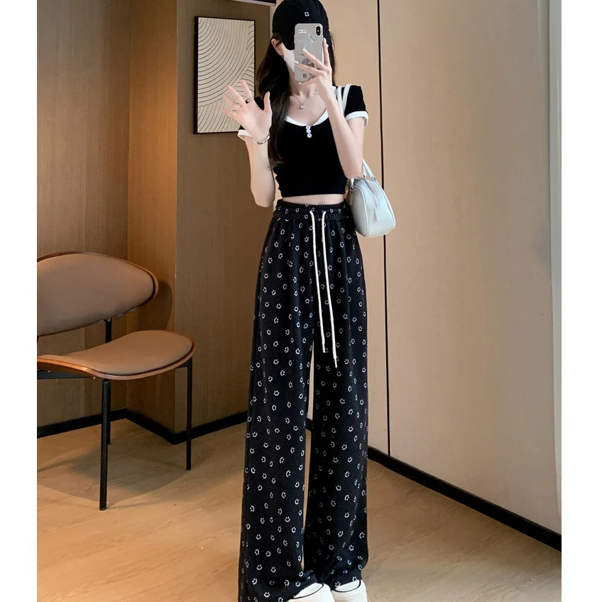 2025秋季新款印花慵懒风显瘦阔腿裤女高腰宽松百搭直筒卫裤休闲裤