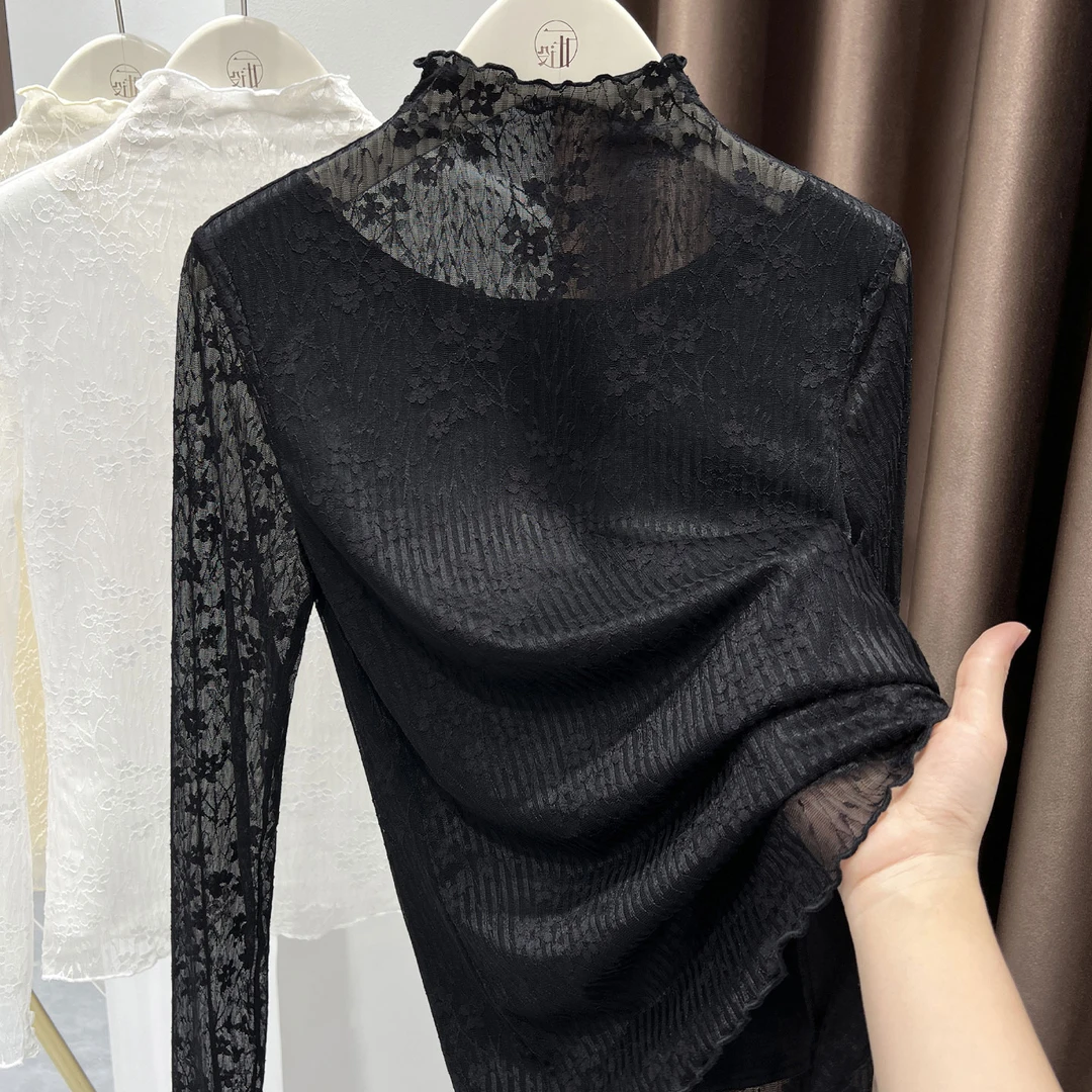 加绒加厚半高领打底衫女秋冬新款内搭可外穿网纱蕾丝保暖时尚上衣