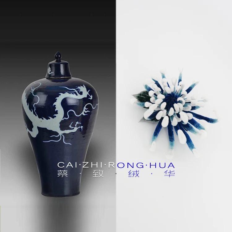 头饰发簪胸针【中国蓝】菊花100桑蚕丝 手工染色 北京非遗绒花