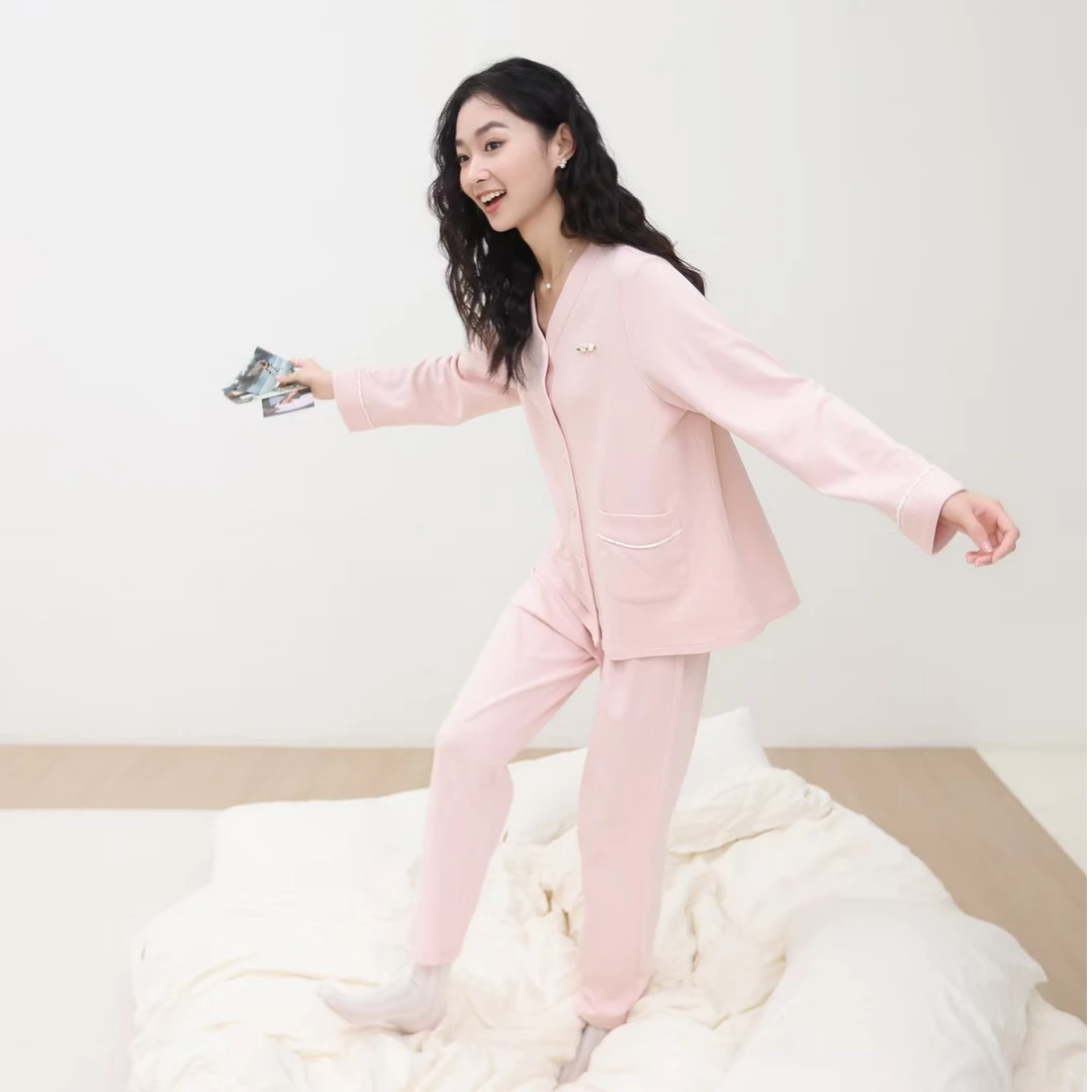 女士亲肤棉V领开胸长袖长裤家居服睡衣女款爆款2025新款纯棉春秋