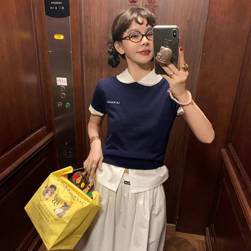 le rouge周美美 miu 复古多色全羊毛圆领刺绣logo针织短袖上衣