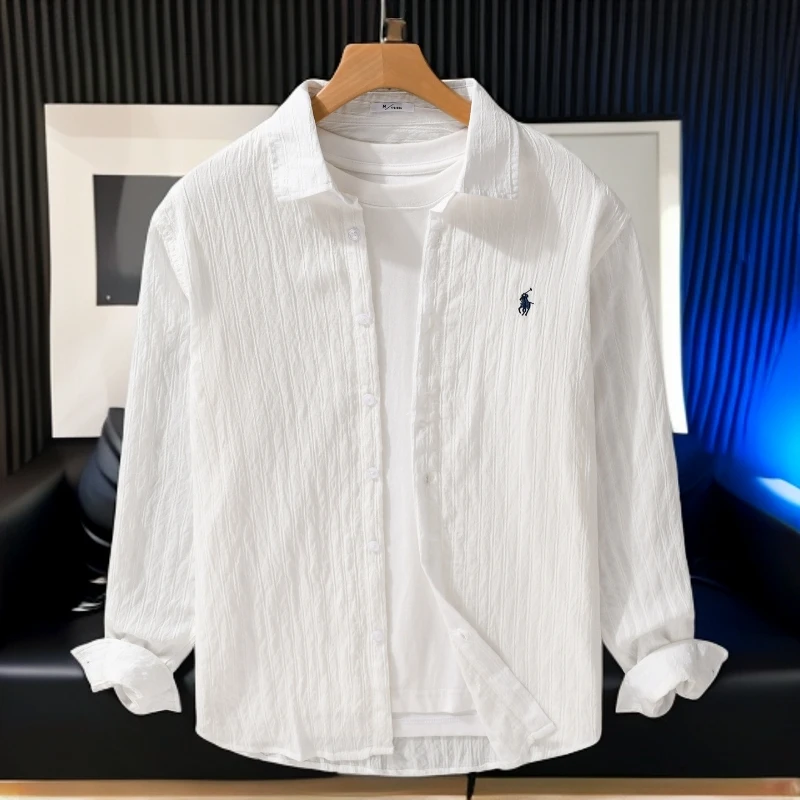 冰感透气小马刺绣防晒宽松开衫秋季新款男士白色休闲简约长袖衬衣