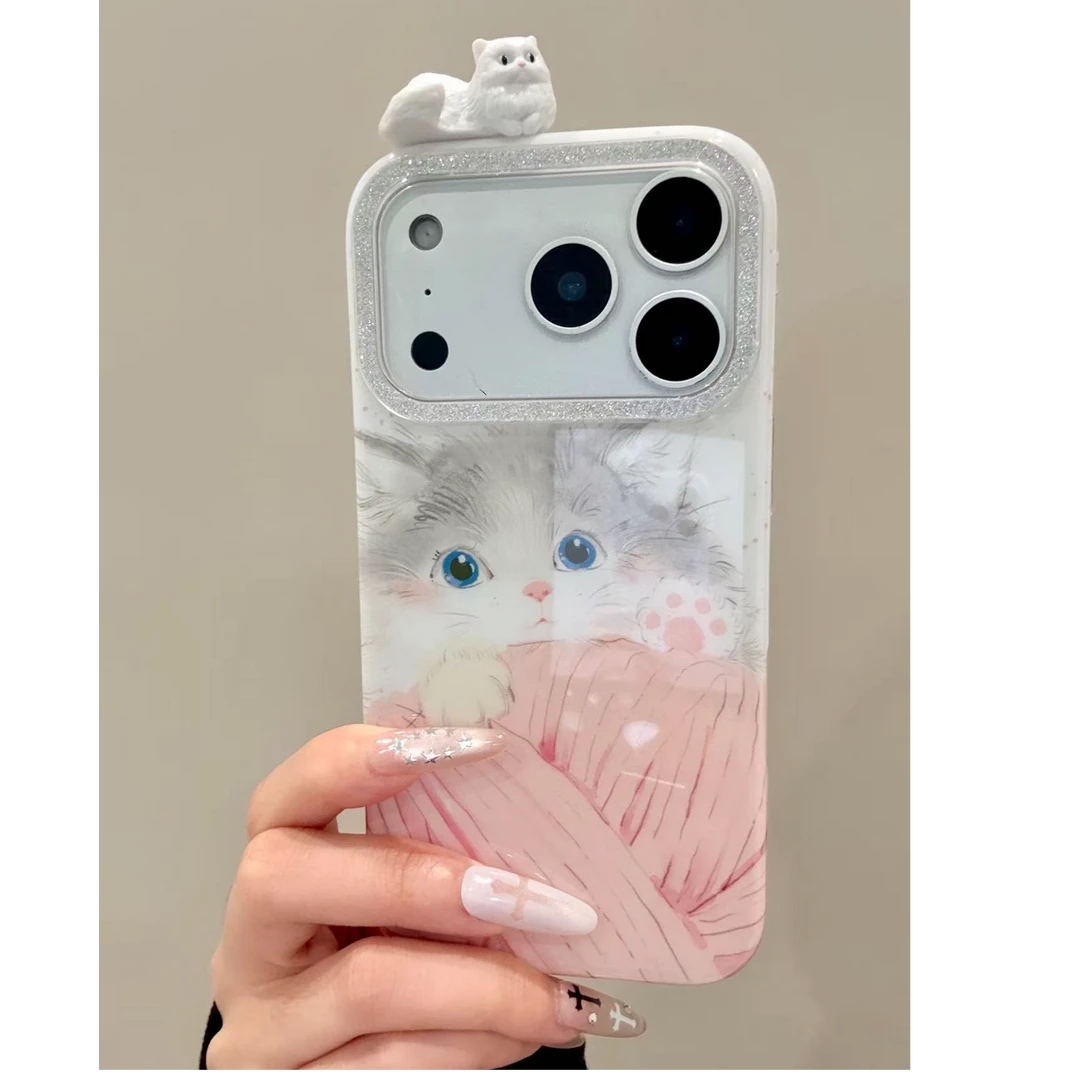 粉嫩毛线立体猫咪手机壳适用iPhone17promax/16防摔可爱卡通ins