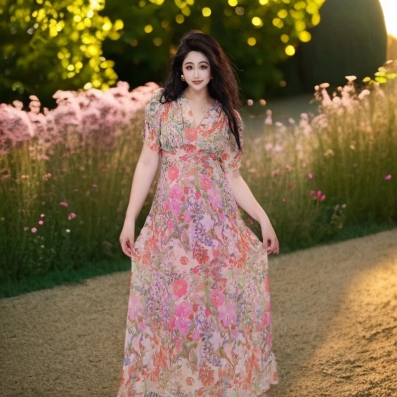 星云里微胖服饰｜仙女裙｜微胖印花气质高级感温柔风大摆连衣裙