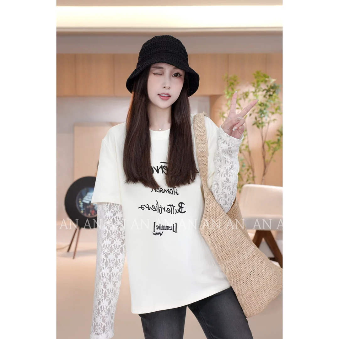 C02272夏季新款洋气设计感显瘦拼接蕾丝袖字母假两件T恤