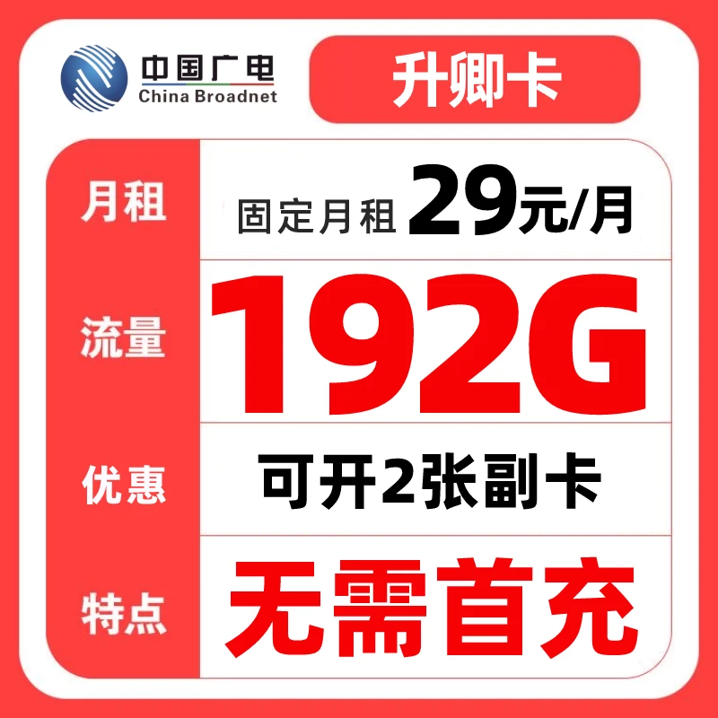 广电流量卡手机卡192G无需首大流量电话卡5G全国通用不限速低月租