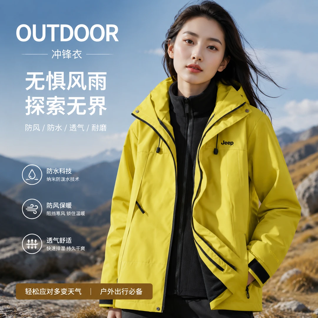 吉普秋冬三合一两件套可拆卸内胆男女同款登山滑雪服女