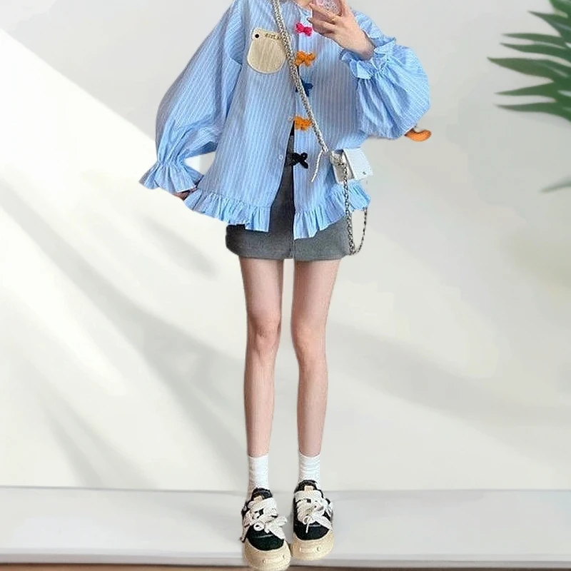 136蓝色条纹蝴蝶结衬衫女早春新款2025设计感法式轻奢欧货上衣