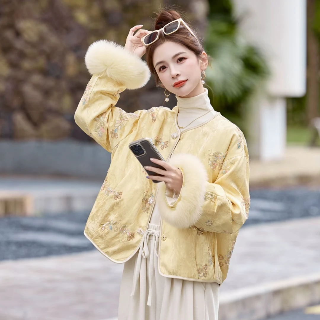 T0011 新中式女装外套 国风款轻奢高级感羽绒服 重工亮片女式上衣