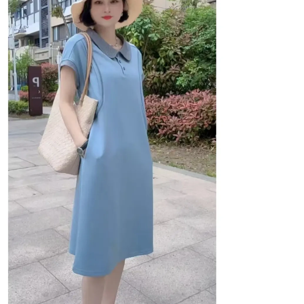夏季新款时尚洋气短袖连衣裙显瘦减龄百搭休闲妈妈百搭拼接中长裙