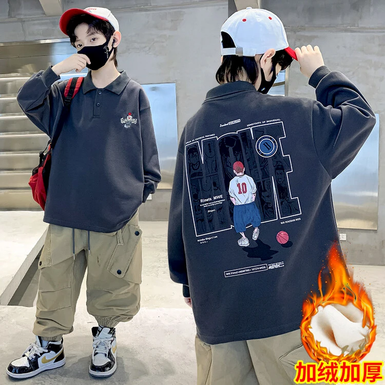 男童加绒POL衫冬6-12岁童装男孩上衣中大童加厚儿童秋冬长袖卫衣