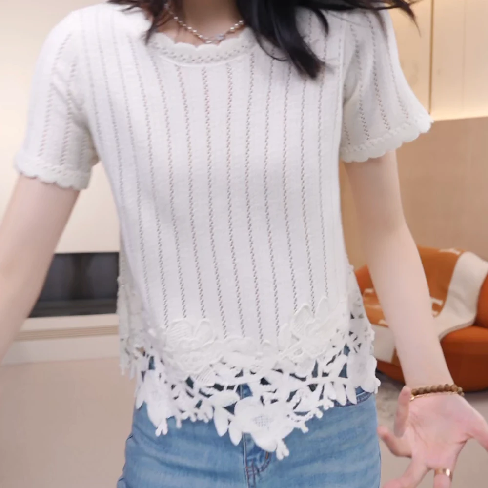 2025时尚新品轻奢气质显瘦百搭款针织上衣夏季不规则拼接