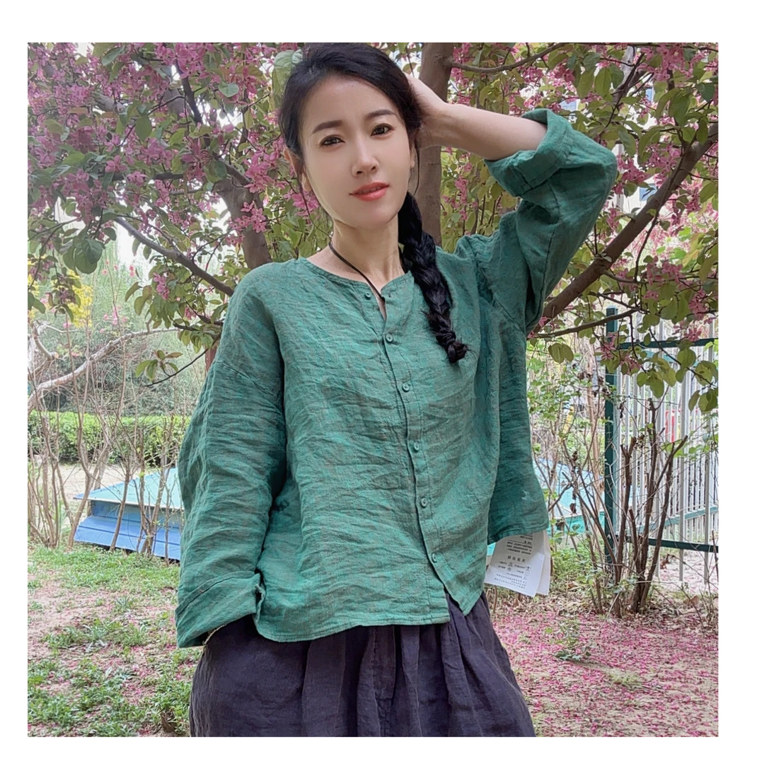 608高端定制短款春夏色织亚麻包扣长袖开衫，衣长55，胸围120左右