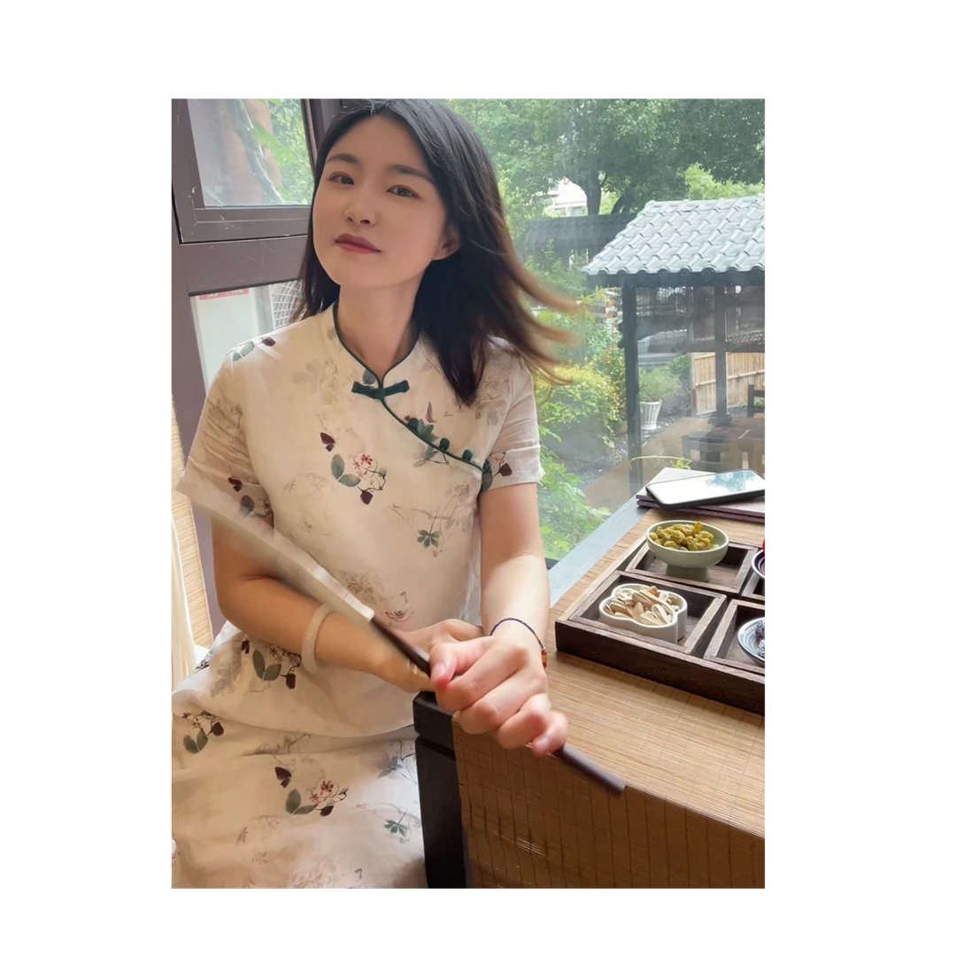 1端庄清雅100苎麻立体剪裁水墨温柔立领古风新中式连衣裙夏