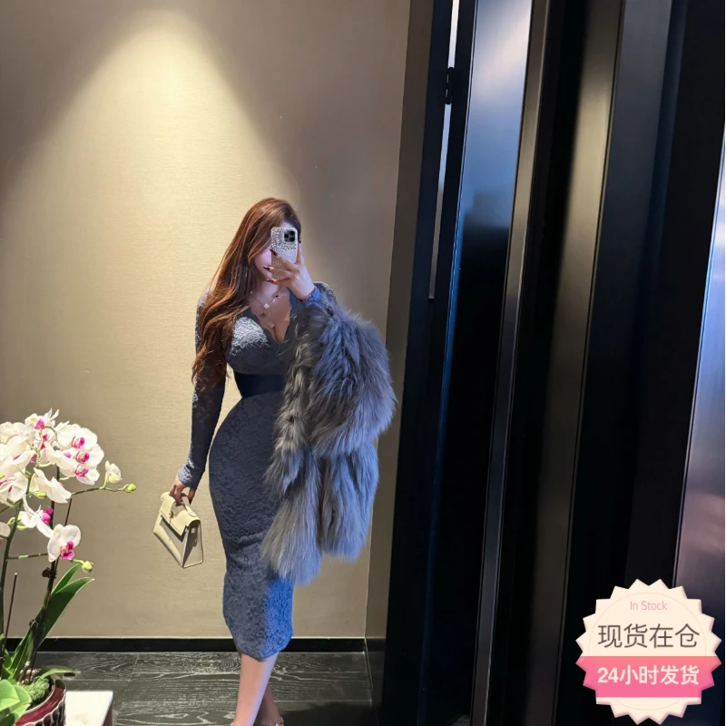 【现货】胖婷大码定制胖mm「奢柔欧尼」轻奢气质V领定染蕾丝连衣裙女