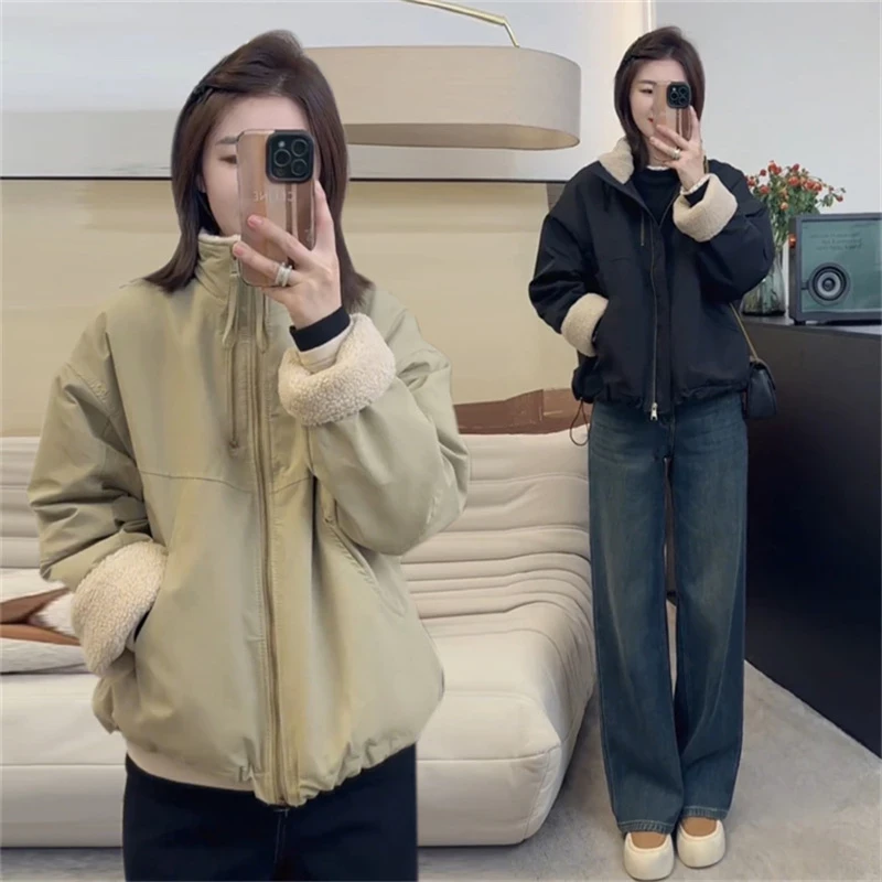 2025秋冬派克服加绒加厚短外套女洋气小个子韩版休闲宽松棉服上衣