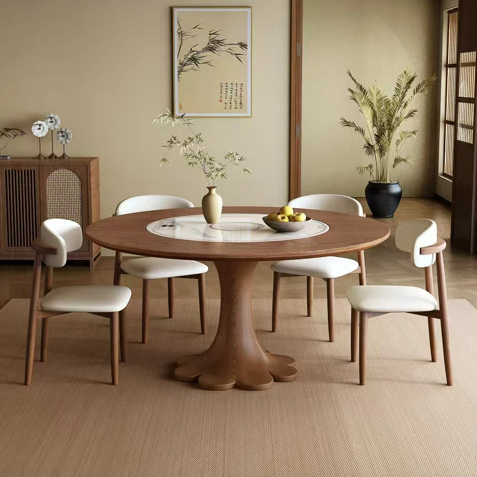 2025新款电动暖菜板岩板餐桌家用小户型内嵌转盘电磁炉实木圆形桌