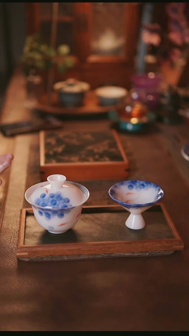 其他冰种璞玉年年有余盖碗+杯+干泡盘