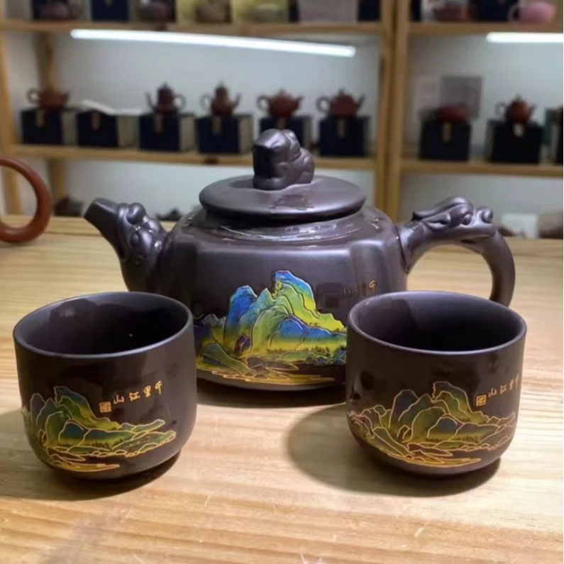 紫砂壶千里江山一壶两杯