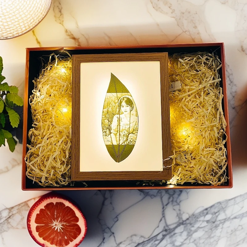三色带灯定制照片叶雕人物画相框送女生纪念日情人节创意生日礼物