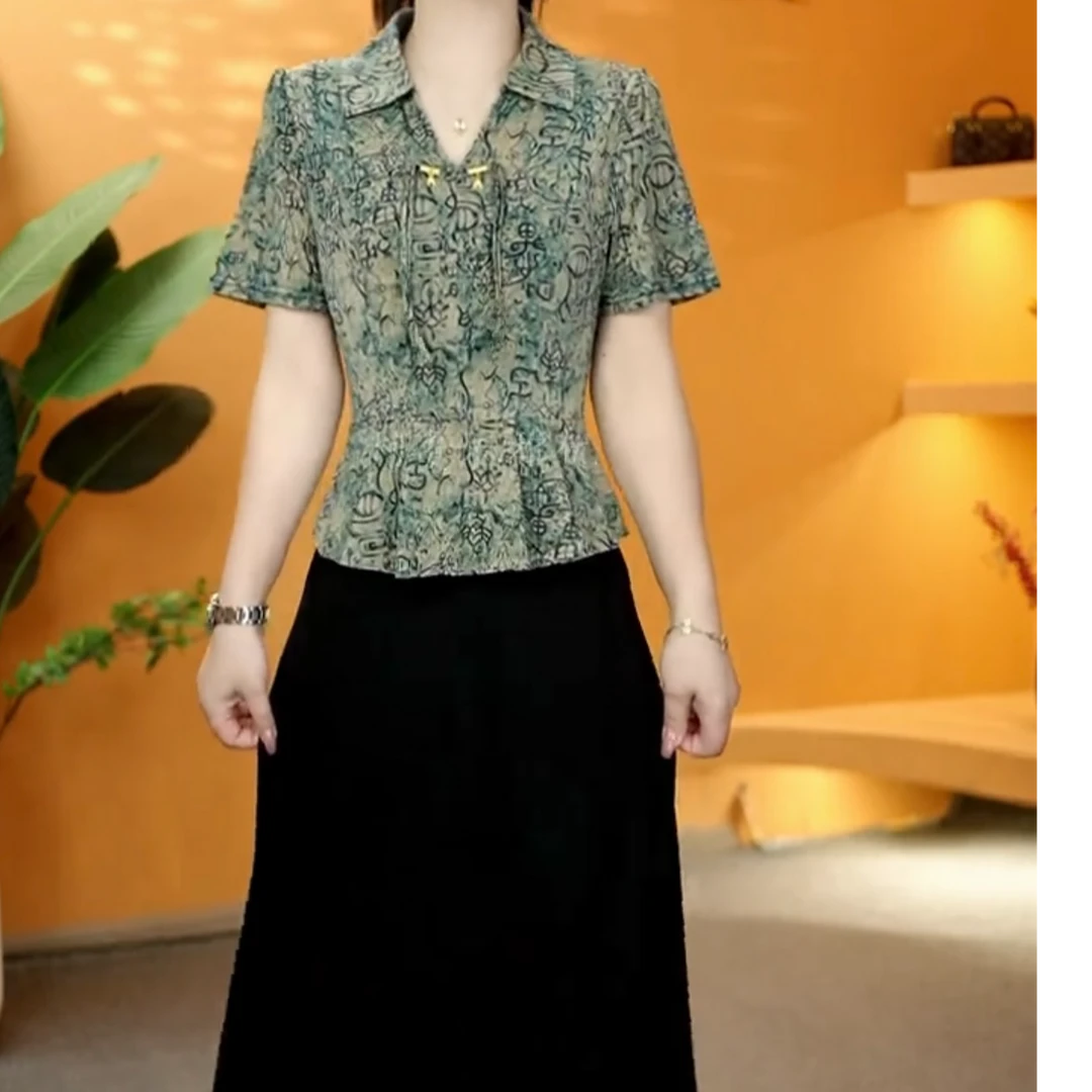 翻领连衣裙夏装裙子复古印花妈妈装减龄宽松休闲百搭气质显瘦