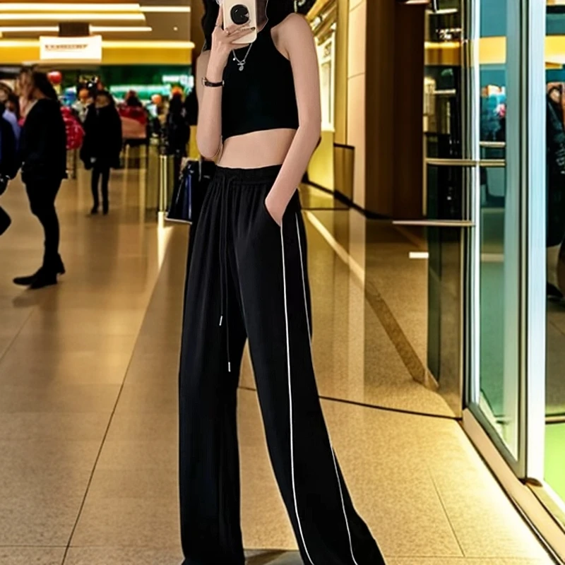 8826夏季新款高腰抽绳窄版拖地裤侧条纹显瘦垂感直筒裤