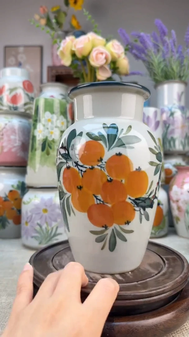 瓶景德镇手绘花器底部无孔内部无釉陶泥材质高温瓷釉下彩