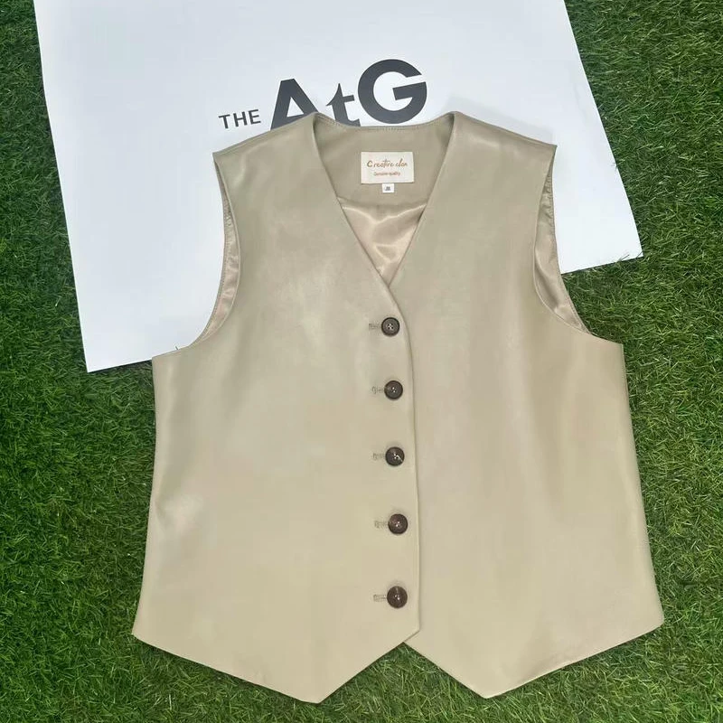 头层绵羊皮老钱风显瘦真皮马甲女短款简约百搭小个子V领坎肩外套