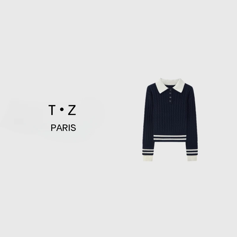 T·Z*7长袖时尚条纹设计师翻领毛衫套头撞色针织开衫-8775