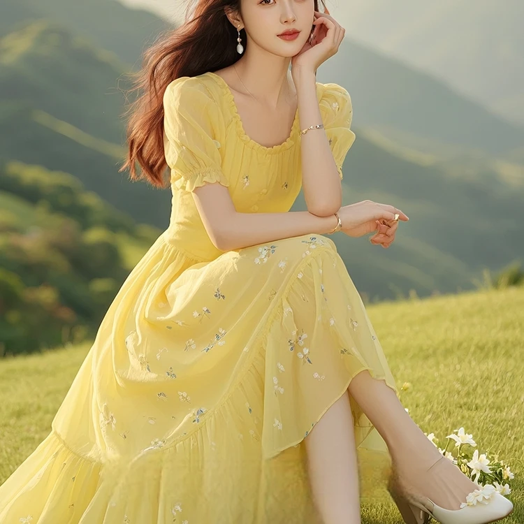 哥弟阿玛施正夏季新款甜美显瘦夏季度假风公主显瘦气质百搭连衣裙