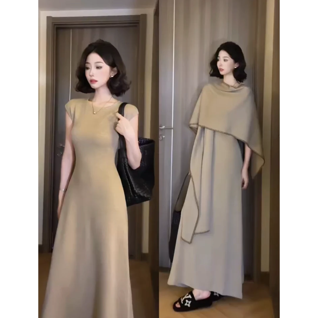 时尚复古咖色披肩圆领短袖背心连衣裙女早秋季气质高级感收腰长裙