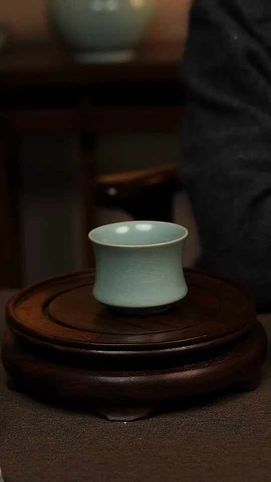 瓷片仿古天青全手工束腰杯100ml 一级 礼盒包装