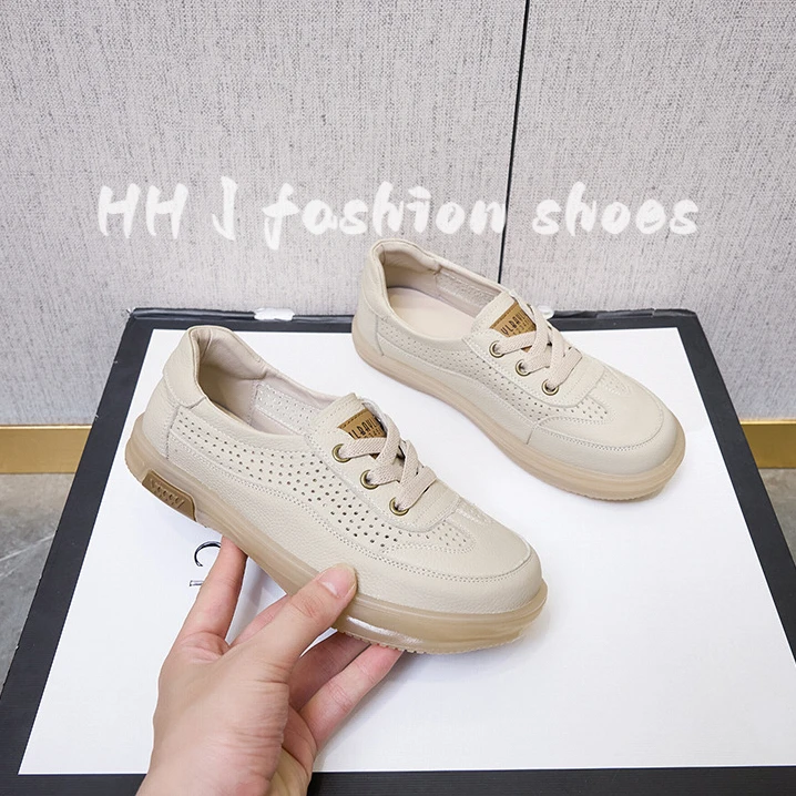 头层牛皮2025夏季镂空透气小白鞋女平底浅口单鞋软底舒适妈妈鞋女