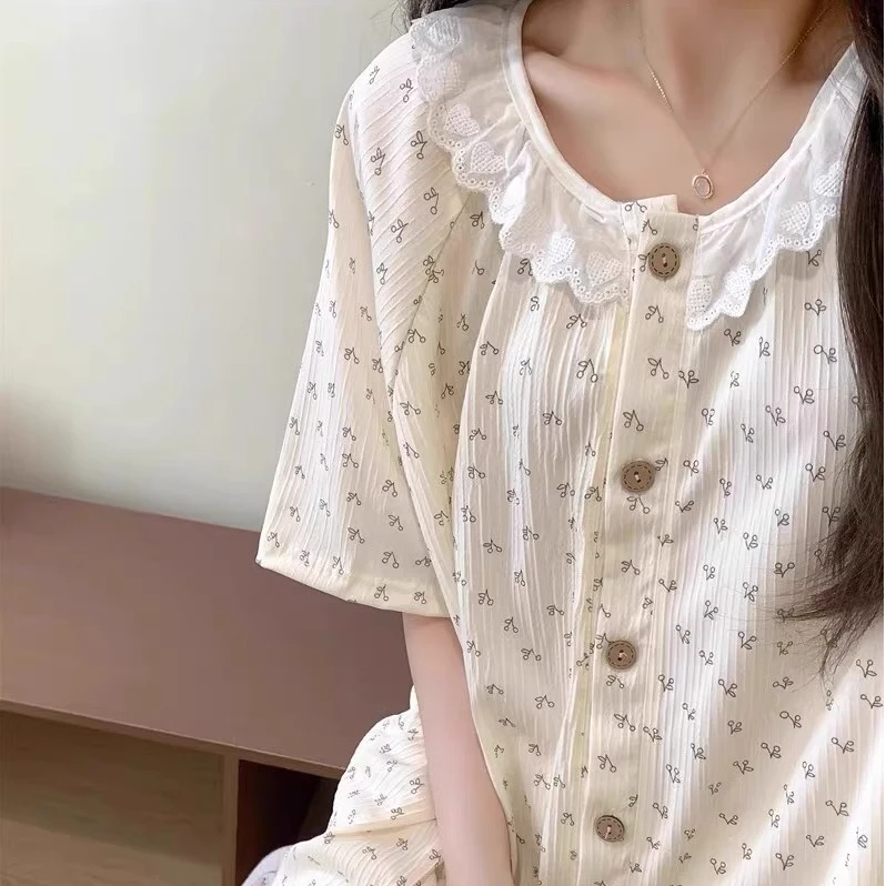 韩系ins夏天甜美简约花边睡衣女2025新款宽松碎花学生家居服套装