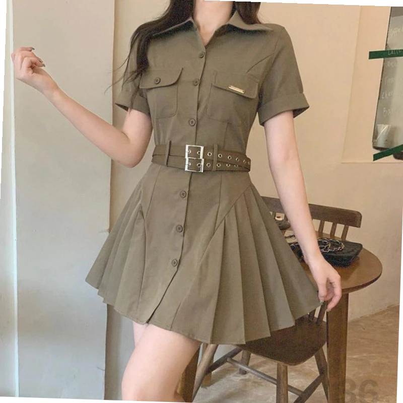 【清仓】夏季茶歇法式复古工装连衣裙学院风收腰显瘦时尚连衣裙女